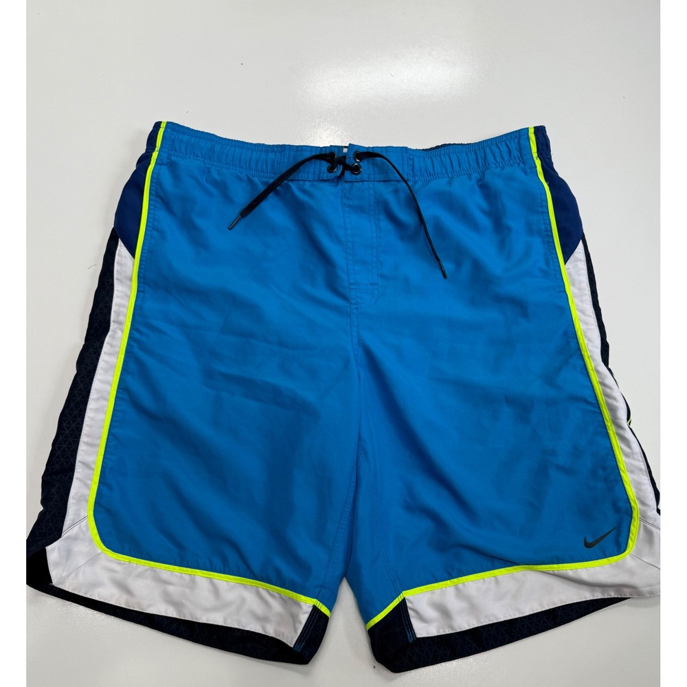 Nike Mens Swim Trunks Blue Neon Yellow Board Shorts Mesh Lined Size L